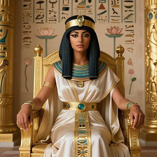 Digital art of an Egyptian queen with dark blue hair, gold headdress, white gown with blue-green jewelry, seated on a golden throne in an ancient