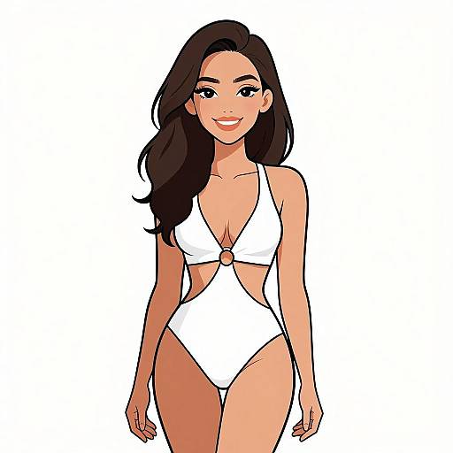 Digital illustration of a smiling woman with long black hair, tan skin, wearing a white, cut-out one-piece swimsuit, against a plain white background