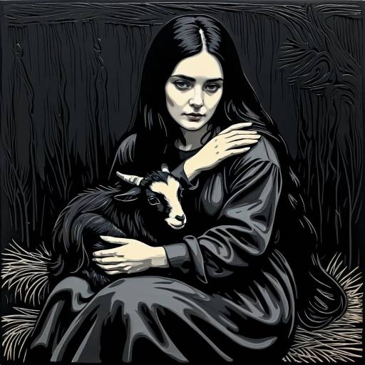 Monochromatic Oil Painting of Woman Hugging Goat
