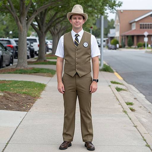 Photograph of a young man in brown suit, white shirt, black tie, and beige fedora standing on a suburban sidewalk.