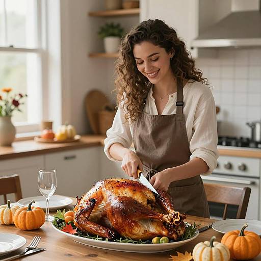 Woman Carving Roasted Thanksgiving Turkey