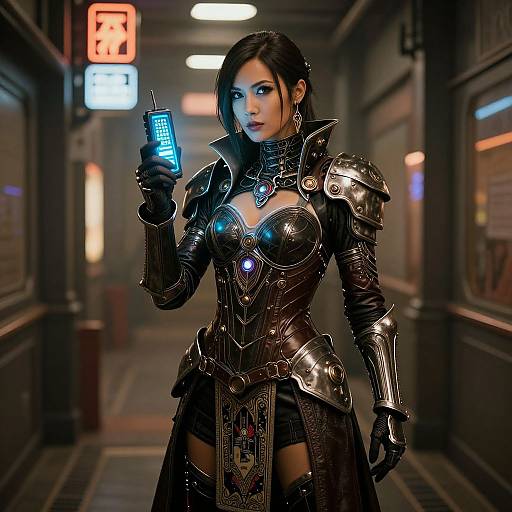 Cyberpunk female warrior with black hair, armored chest plate, holding blue holographic device in dimly lit futuristic alleyway. Detailed, shiny armor