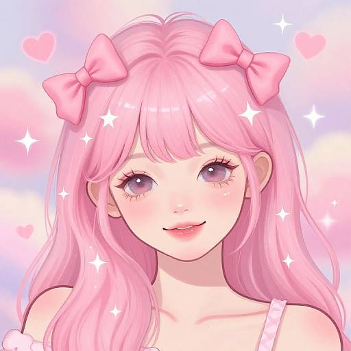 Digital anime-style drawing of a cute girl with long pink hair, purple eyes, pink bows, sparkling stars, and a pastel pink and blue background