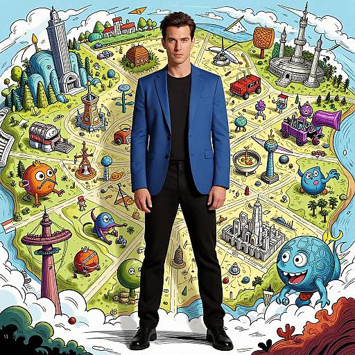 Photograph of a man in a blue blazer and black shirt standing in front of a vibrant, cartoon-style cityscape map.