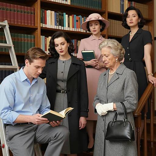 Mid-20th Century Library Scene with Five People