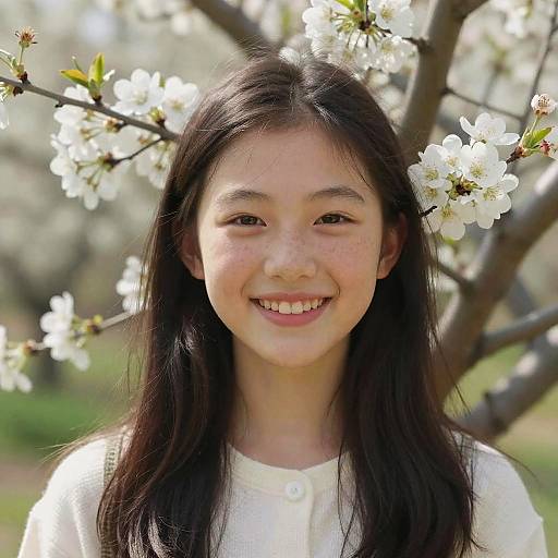 Young Girl Smiling Amid Blooming Flowers