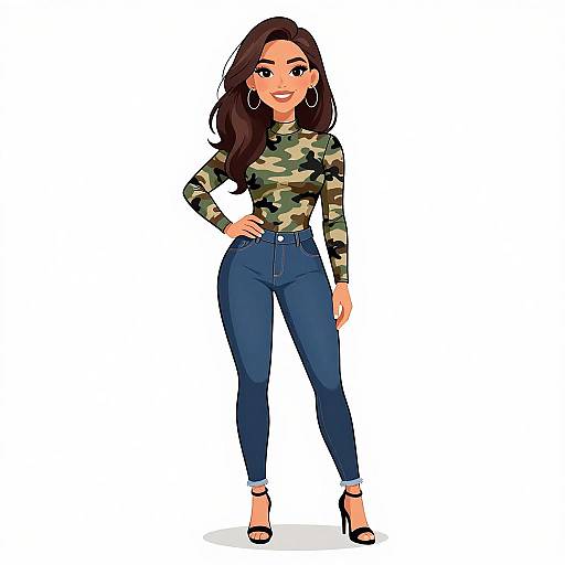 Digital illustration of a smiling woman with long brown hair, wearing a camo long-sleeve top, high-waisted blue jeans, and black