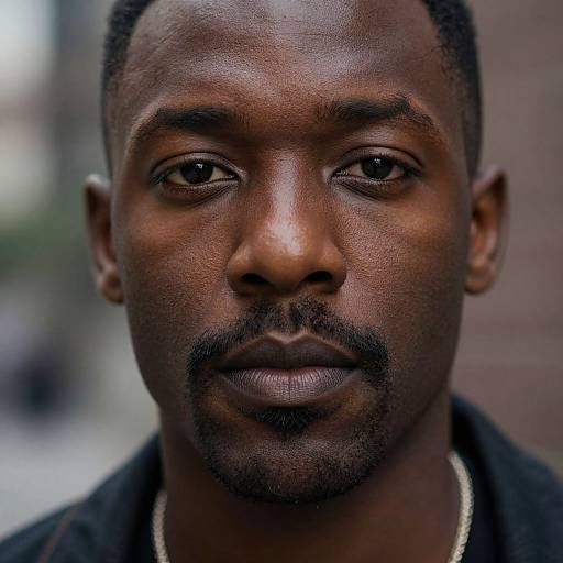 Close-up photograph of a young African man with dark skin, short black hair, and a trimmed beard, wearing a black shirt and white necklace, with