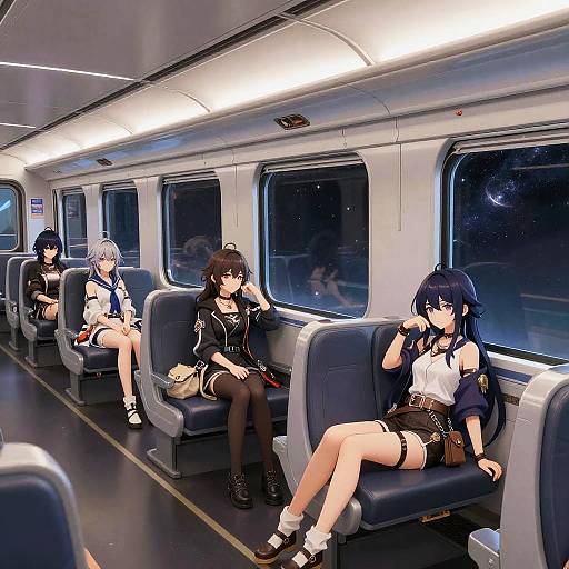 Anime-style digital illustration of four girls with varied hair colors and outfits, sitting in a dimly lit, nighttime train car.