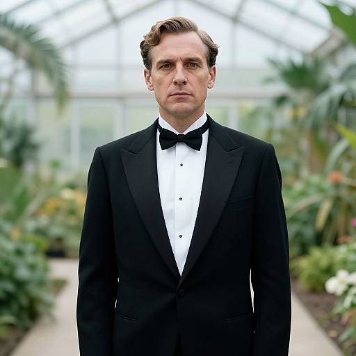 Photograph of a serious-looking man in a black tuxedo with a bow tie, standing in a lush greenhouse with blurred plants in the background.