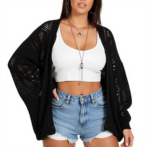 Photograph of a woman with light brown skin, wearing a white crop top, black lace cardigan, high-waisted denim shorts, and layered