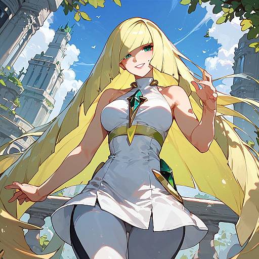 Anime Style Blonde Woman in White Dress Outdoors