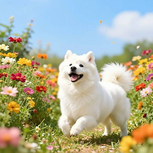 Photograph of a fluffy white Pomeranian dog joyfully running through a vibrant field of colorful flowers under a bright blue sky.
