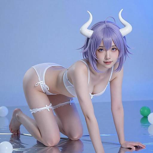 Purple-Haired Woman in White Lingerie