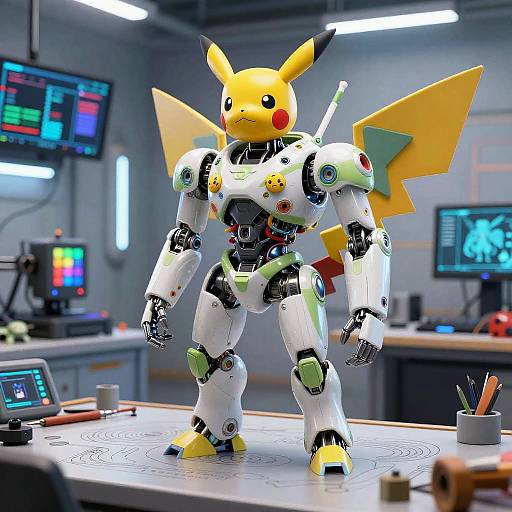 Photograph of a Pikachu-themed robot standing in a futuristic lab, featuring bright yellow ears, red cheeks, and green-yellow lightning bolt wings, with multiple