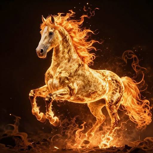 Photograph of a fiery, golden horse with vibrant flames engulfing its body, rearing on its hind legs against a black background.