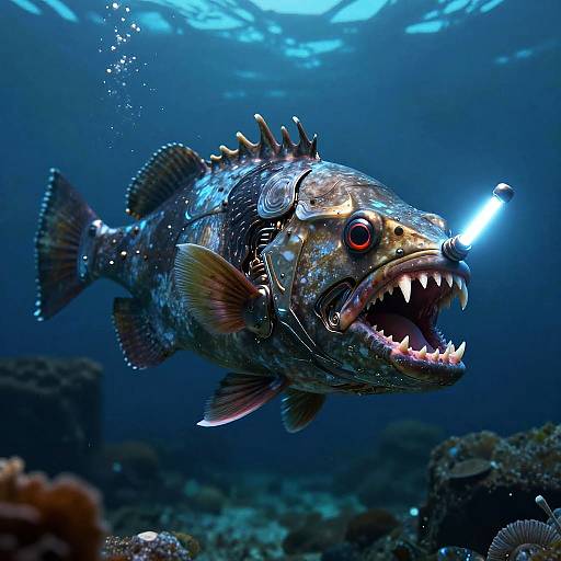 Photograph of a fierce, detailed anglerfish with glowing lure on its head, sharp teeth, and bioluminescent eyes, swimming in a