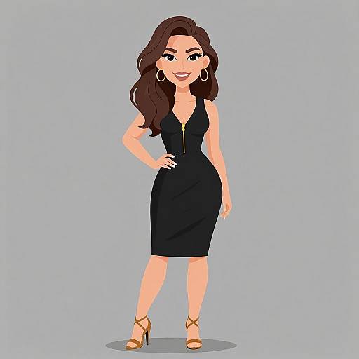 Digital illustration of a confident woman with long brown hair, wearing a black sleeveless dress, gold high heels, and hoop earrings, standing against a light