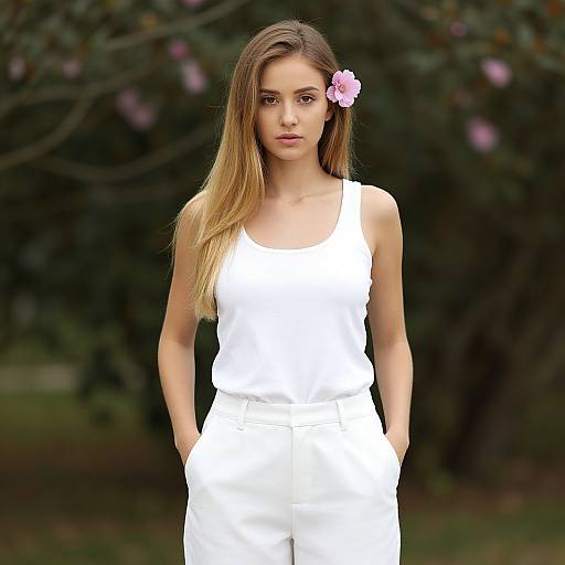 Photograph of a young woman with long blonde hair, wearing a white sleeveless top and pants, with a pink flower in her hair, standing in