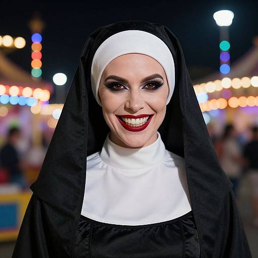 Photograph of a smiling woman in a black and white nun outfit with dramatic red lipstick, set against a blurred, colorful nighttime carnival background.