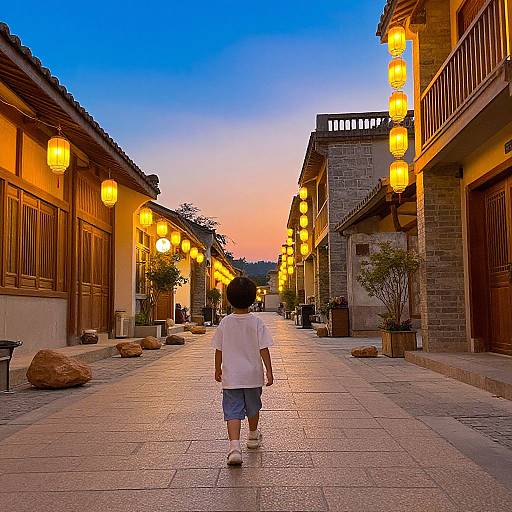 Photograph of a young boy in a white shirt and blue shorts walking down a traditional, lantern-lit street at sunset.