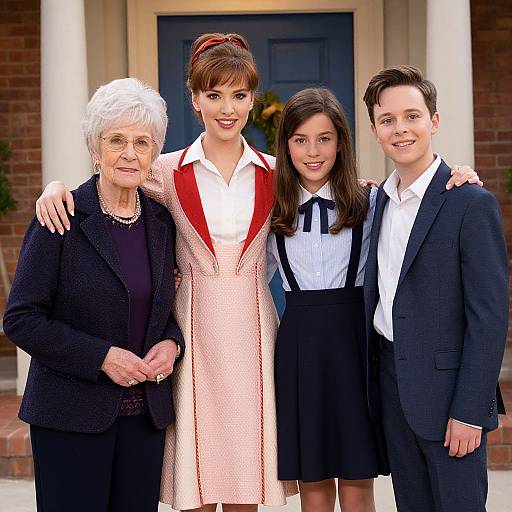 Photograph of elderly white woman in black outfit, two young women, and one young man in formal attire standing outdoors.