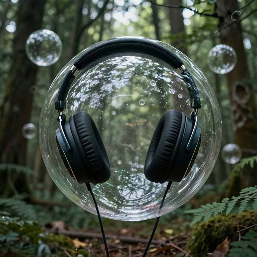 Photograph of black, cushioned headphones encased in a transparent bubble, floating in a forest with green ferns and bubbles.