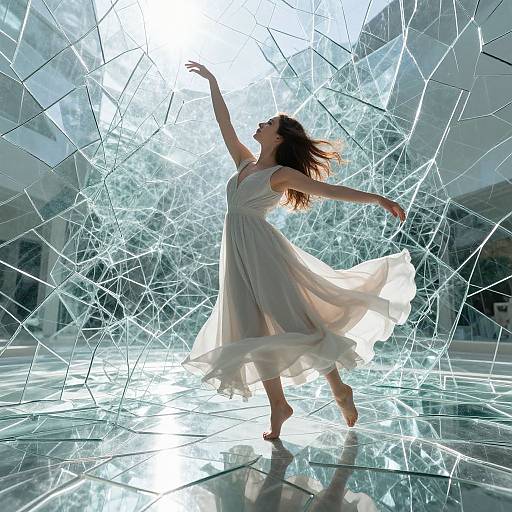 Photograph of a dancing woman in a flowing white dress, arms raised, surrounded by shattered glass reflections in a bright, modern space.