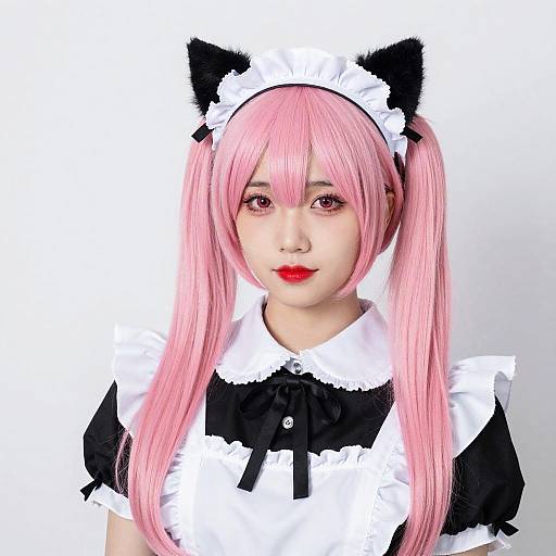 Photograph of an Asian woman with pink twin-tails, black and white maid outfit, cat ear headband, red lipstick, and white background.