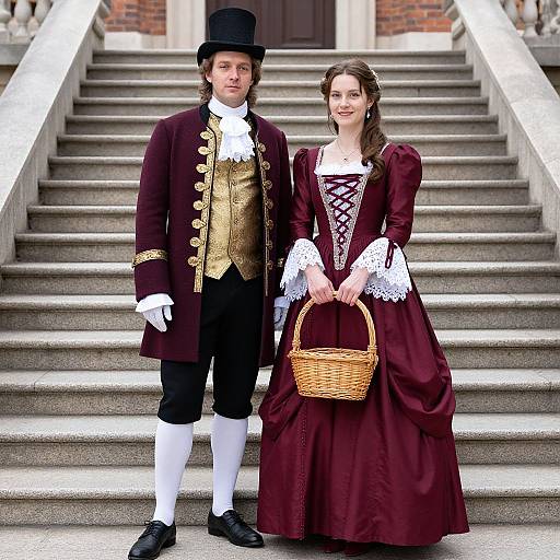 Photograph of a young couple in 18th-century attire: he in maroon coat, gold vest, black top hat; she in maroon