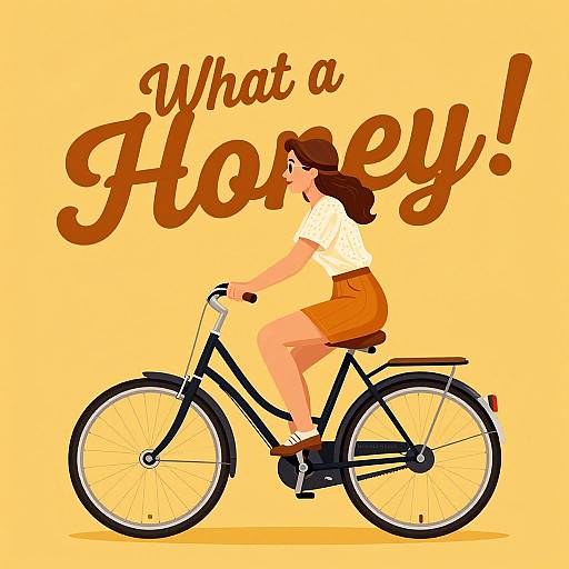 Illustration of a woman with brown hair in a white shirt and orange skirt riding a black bicycle on a yellow background with 