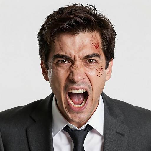 Intense Man in Dark Suit with Blood