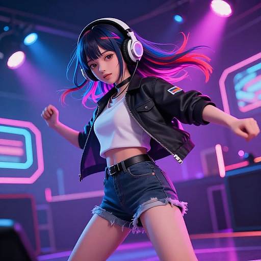 Digital anime-style artwork of a confident, black-haired girl with pink and blue highlights, wearing headphones, white crop top, black jacket, and denim shorts