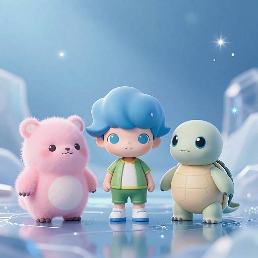Icy Trio: Blue-Haired Hero with Companions