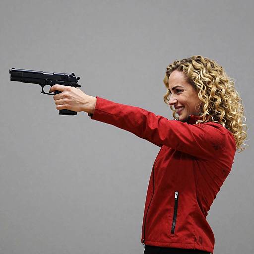 Confident Blonde with Handgun in Red Jacket