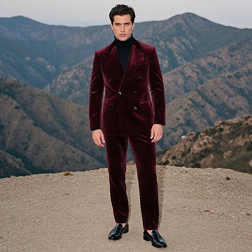 Photograph of a handsome man with short black hair, wearing a deep burgundy velvet suit, black shirt, and shoes, standing on a rocky mountain