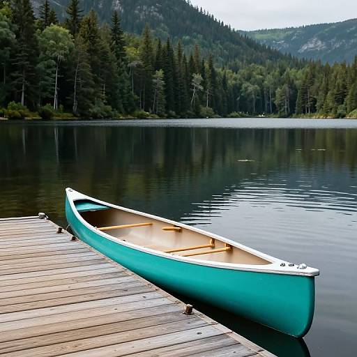 Photograph of a turquoise wooden canoe on a wooden dock, reflecting on a calm lake surrounded by dense evergreen forest and mountains in the background.