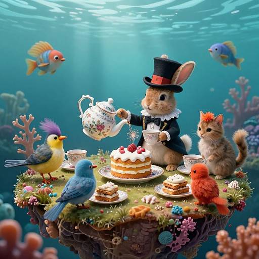 Underwater scene: Adorable bunny in top hat and bow tie, serving tea to colorful birds and a red squirrel, with cakes and teacups