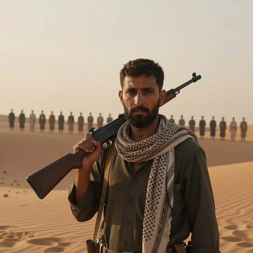 Serious Man in Desert Landscape Scene