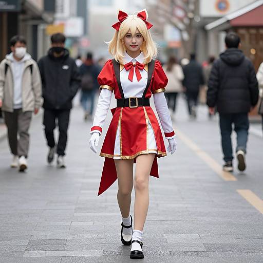 Photograph of a blonde woman in a red and white anime-inspired dress with puffed sleeves, black belt, and white gloves, walking confidently on a