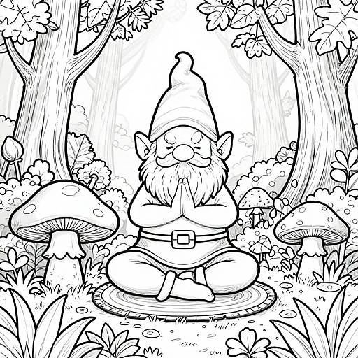 Black-and-white line drawing of a gnome with a hat and beard, sitting cross-legged among mushrooms and surrounded by trees in a forest.