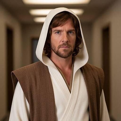 Photograph of a man with brown hair and beard, wearing a white robe with a brown vest and hood, standing in a dimly lit hallway.