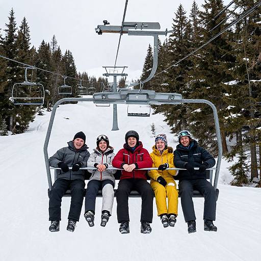 Photograph of five friends, four men and one woman, sitting on a ski lift in snowy forest, wearing winter gear in black, gray, red