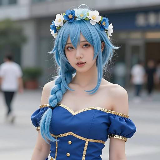 Young Woman in Blue Anime Cosplay with Flower Crown