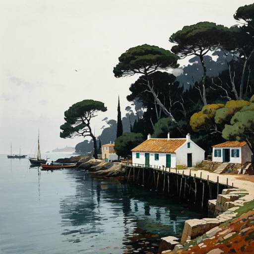 Coastal Fishing Village and Dock by the Forest