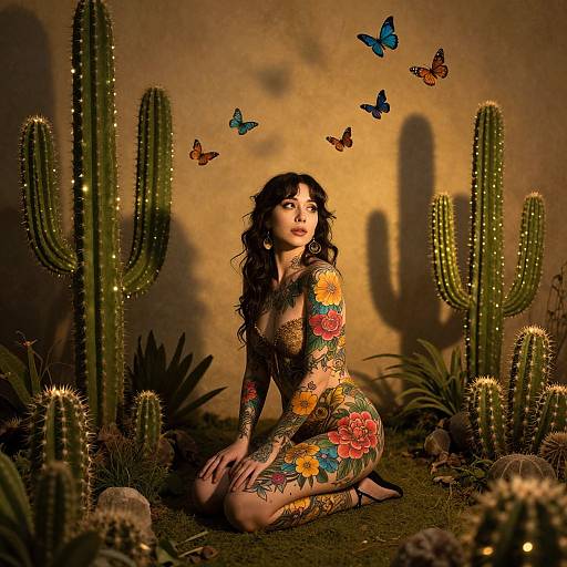 Tattooed woman with dark hair, colorful floral tattoos, kneeling among cacti, surrounded by butterflies, in a golden-lit desert scene