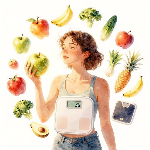 Watercolor illustration of a curly-haired woman in a tank top and jeans, holding a green apple, surrounded by fruits, vegetables, and a pedom