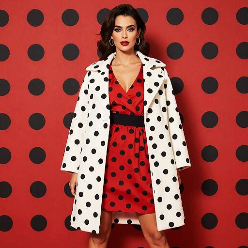 Photograph of a dark-haired woman in a red polka dot dress and white polka dot coat, standing against a red polka dot background.