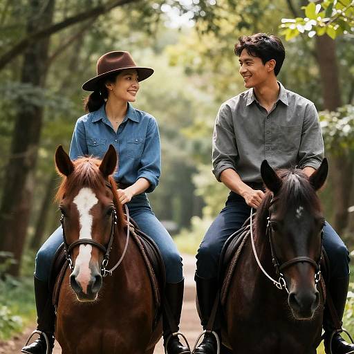 Couple Riding Horses in Sunlit Forest