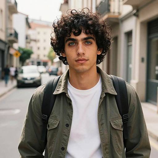 Photograph of a young, curly-haired man with fair skin and blue eyes, wearing a green jacket, white shirt, and black backpack, standing on